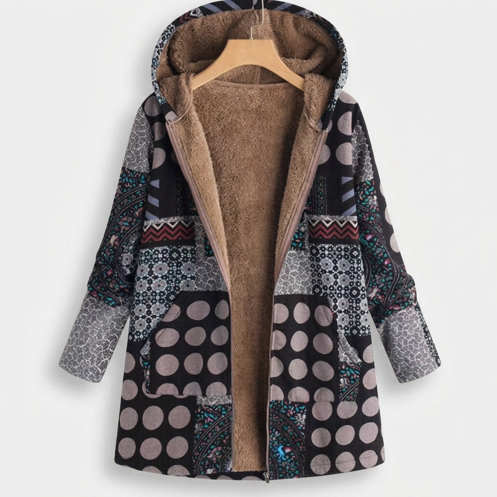 Amandine - Black Patchwork Fleece-Lined Coat