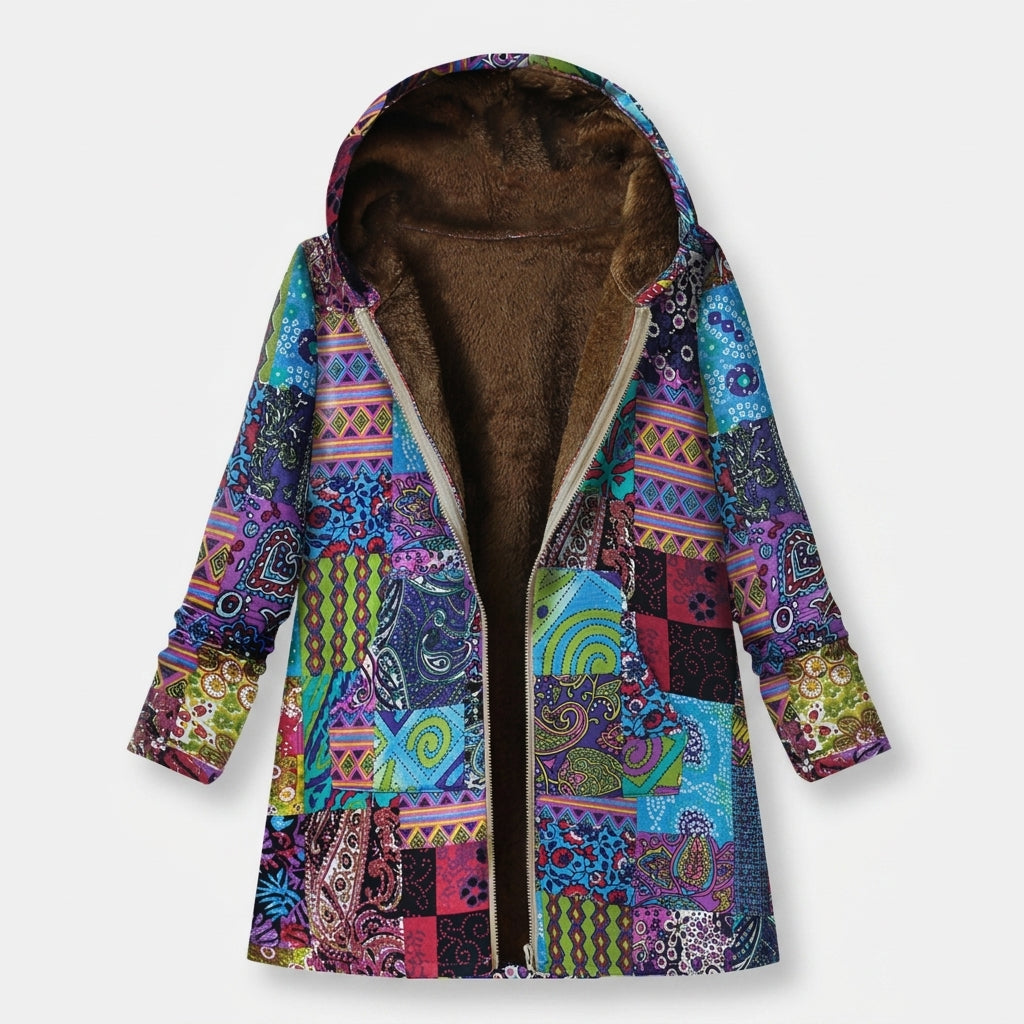 Octavia - Multicoloured Patchwork Print Fleece-Lined Coat