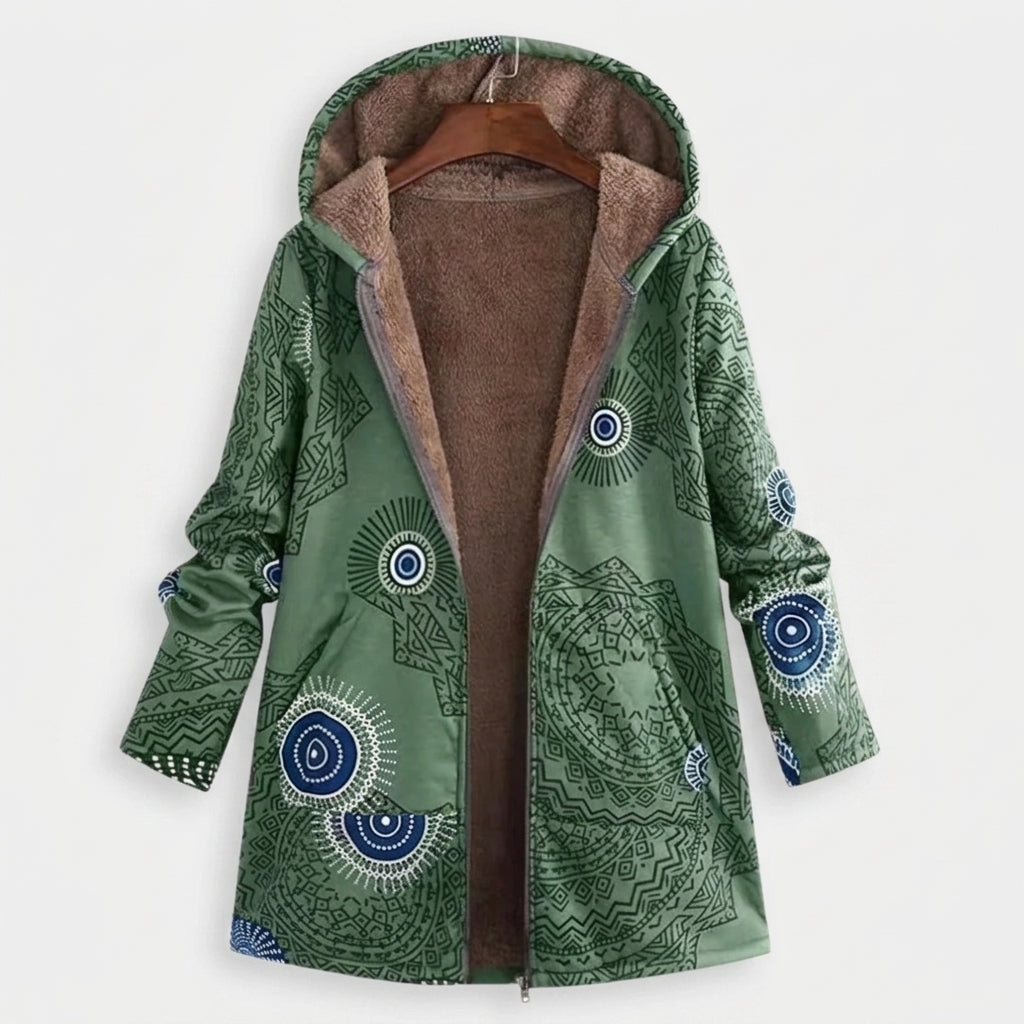 Lucille - Green Boho Print Fleece-Lined Coat