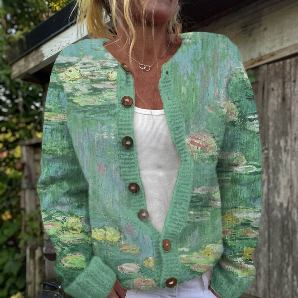 Helen - Watercolour Water Lily Button Cardigan