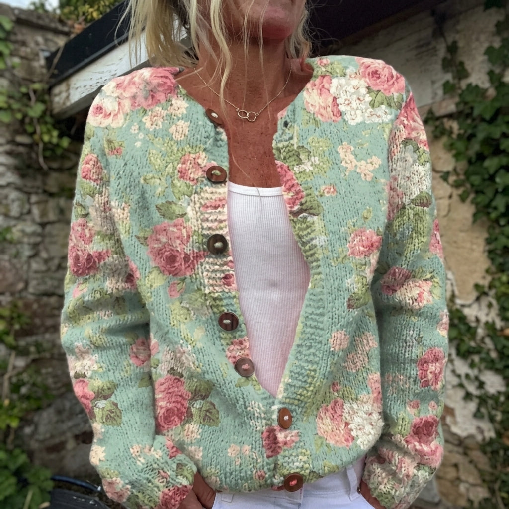 Irene - Sage Rose Print Button Cardigan