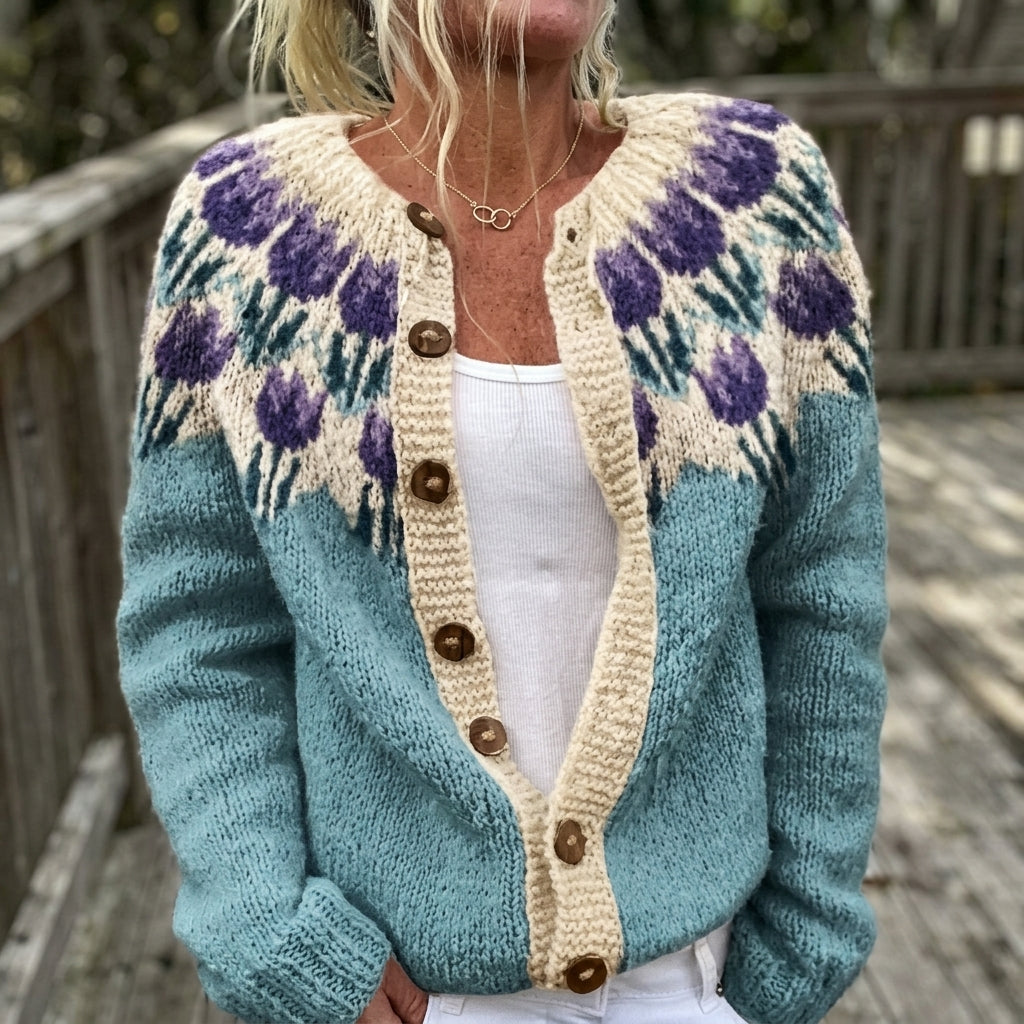 Joelle - Purple Flower Print Button Cardigan