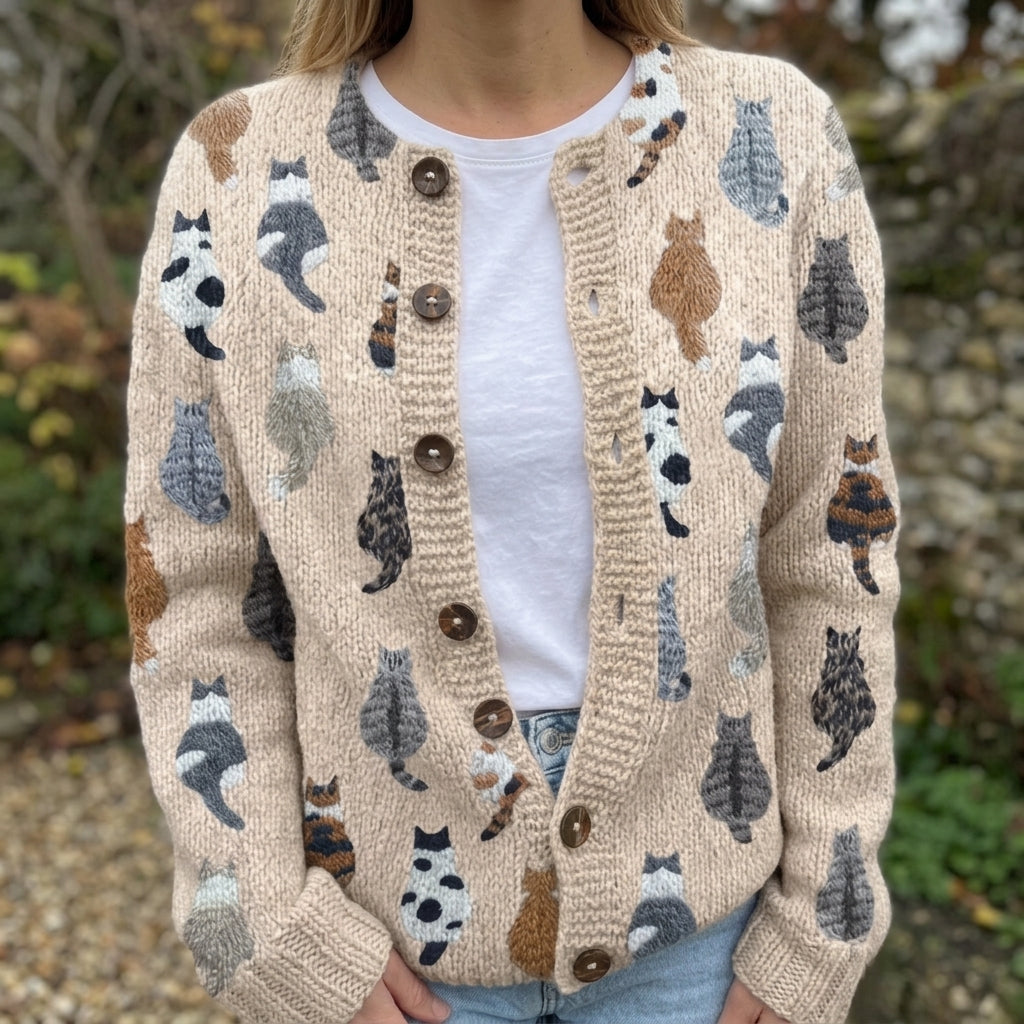 Penny - Cosy Cat Print Button Cardigan
