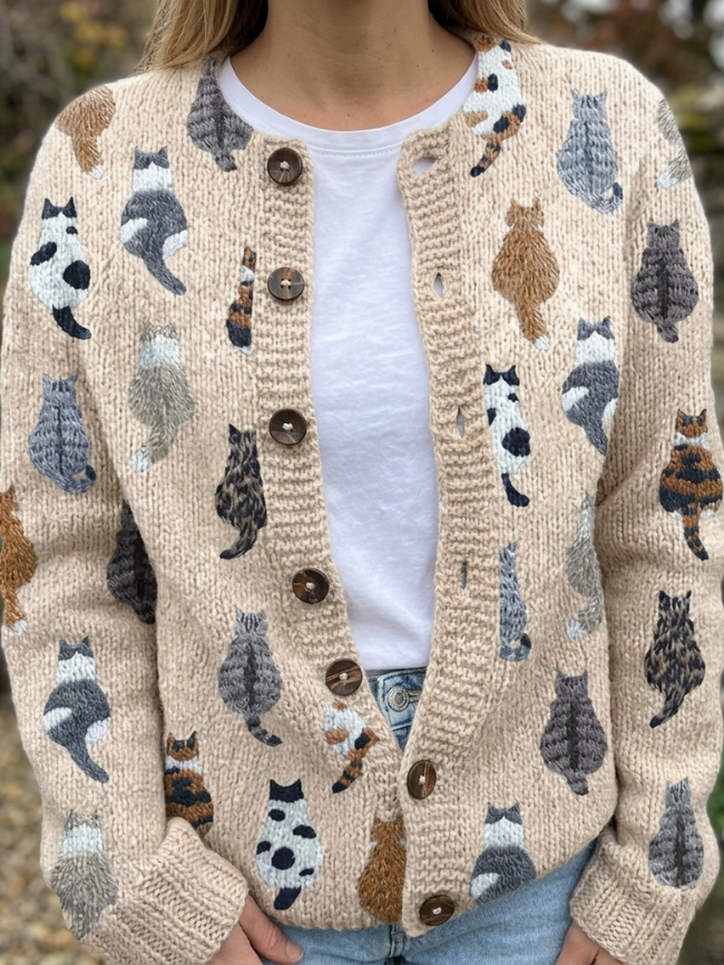 Penny - Cosy Cat Print Button Cardigan
