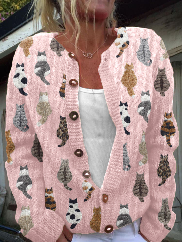 Penny - Cosy Cat Print Button Cardigan