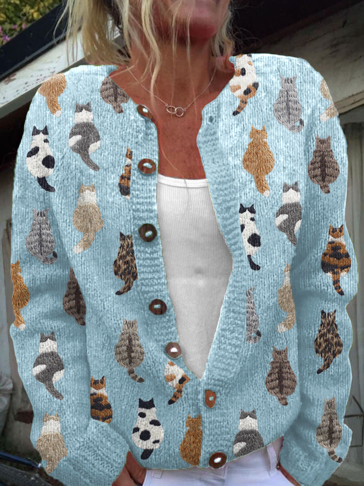 Penny - Cosy Cat Print Button Cardigan