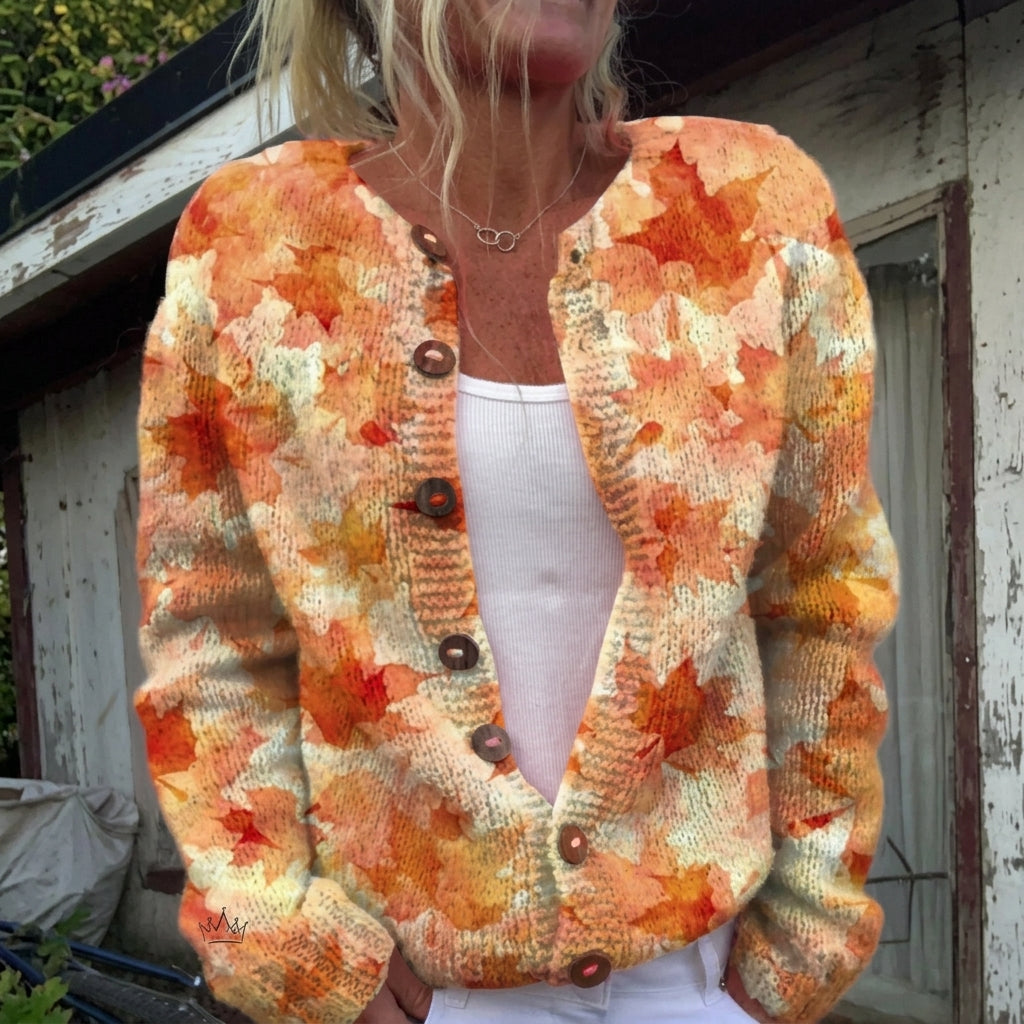 Ivy - Fall Maple Leaf Print Button Cardigan