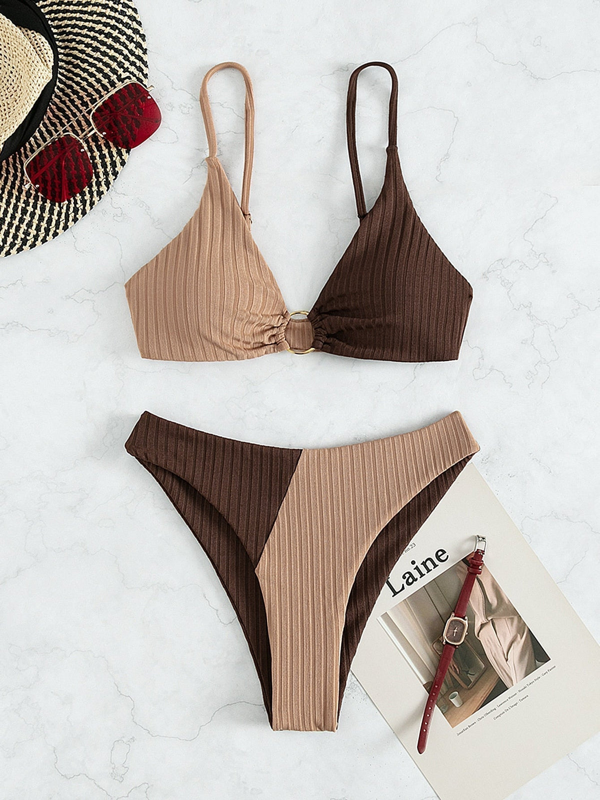 Natalie - Ribbed Two Tone High Leg Bikini