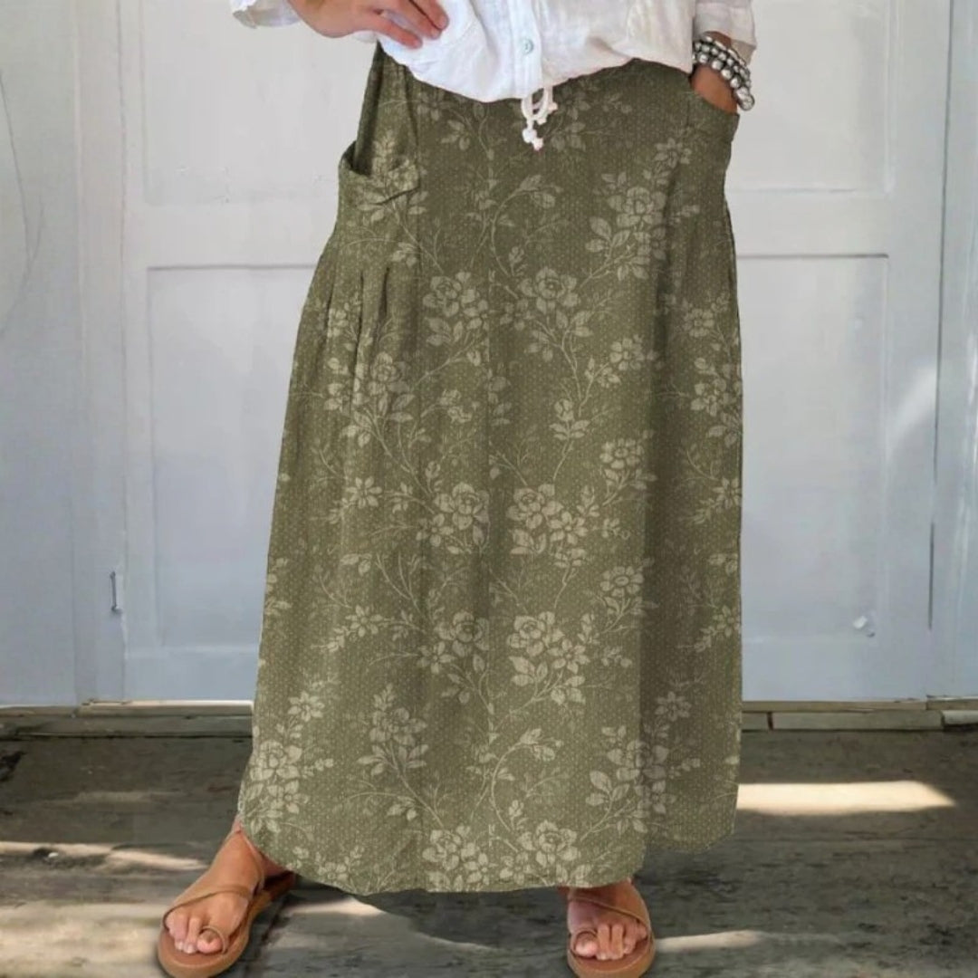 Women's Vintage Floral Linen Elastic waistband Pocket Skirt