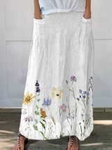 Watercolour Spring Meadows Art Printed Women's Linen Elastic waistband Pocket Skirt
