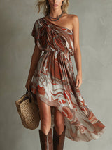 Rosa - Boho One-shoulder Irregular Marble Abstract Print Chiffon Midi Dress