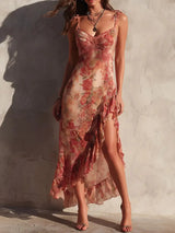 Camilla - Asymmetric Floral Dress with Slit and Ruffles