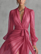 Abigail - Elegant Rose Pink Chiffon V-neck Tie-waist Long Dress