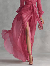 Abigail - Elegant Rose Pink Chiffon V-neck Tie-waist Long Dress