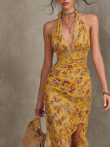 Emma - Ginger Yellow Floral Halter Neck Fitted Waist Chiffon Midi Dress