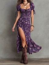Nova - Boho Smocked Floral Puff-Sleeve Midi Dress