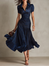 Donna - Striped Shirt Collar Midi Dress