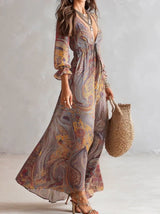 Ash - Paisley Print V-neck Gathered Chiffon Maxi Dress
