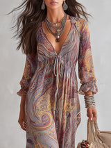 Ash - Paisley Print V-neck Gathered Chiffon Maxi Dress