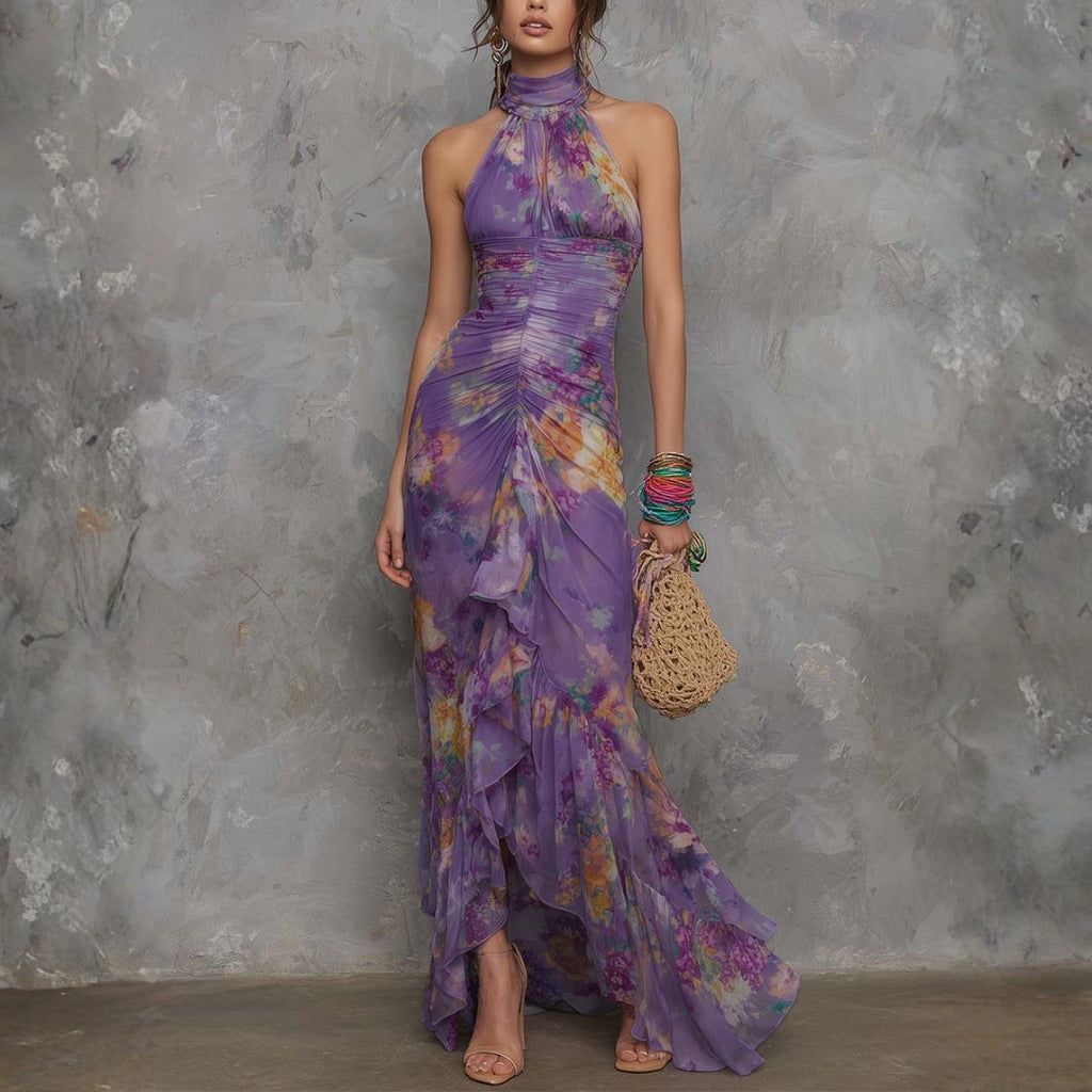 Anna - Elegant Purple Floral Chiffon Halter Maxi Dress
