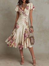 Albas - Elegant Retro Floral Satin Midi Dress