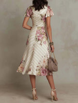Albas - Elegant Retro Floral Satin Midi Dress