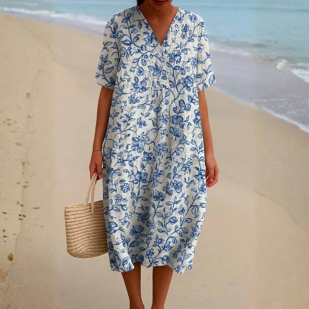 Magnolia - Ivory Dress Adorned with Porcelain Blue Floral Accents