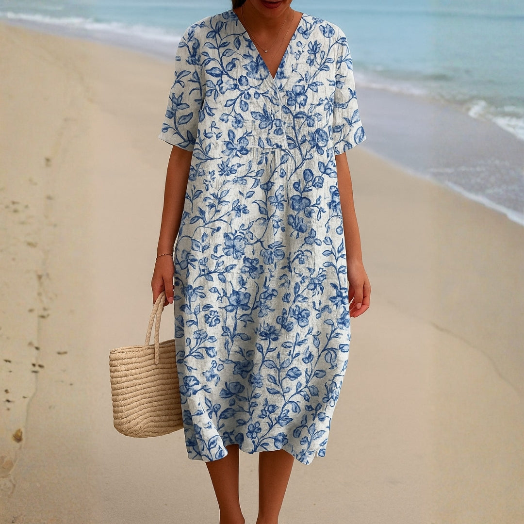 Magnolia - Ivory Dress Adorned with Porcelain Blue Floral Accents