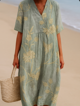 Clementina - Blue-Grey Dress with Floral Embroidery