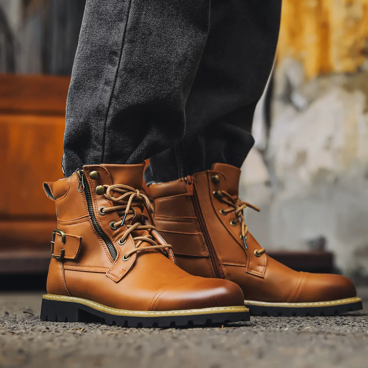Ethan - Black Lace-Up Boots with Buckle