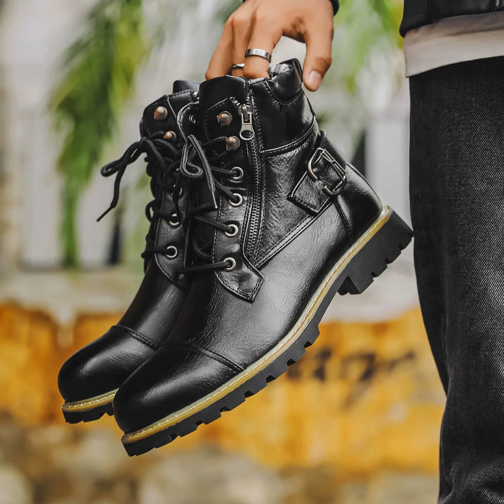 Ethan - Black Lace-Up Boots with Buckle