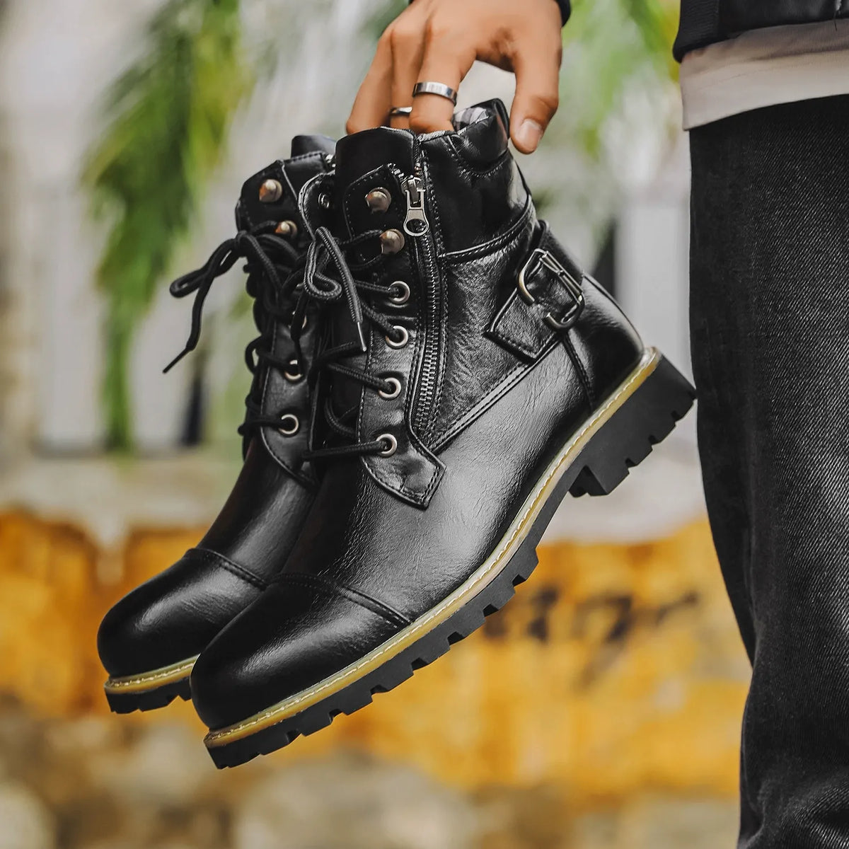 Ethan - Black Lace-Up Boots with Buckle