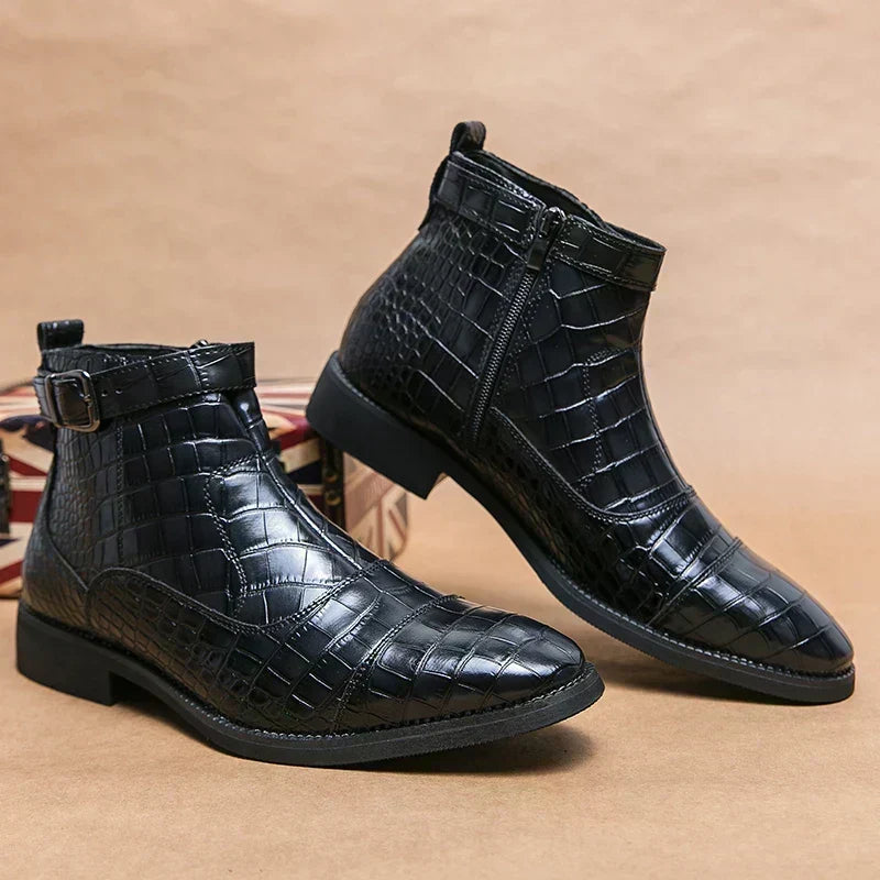 Nathan - Brown Woven Ankle Boots with Buckle