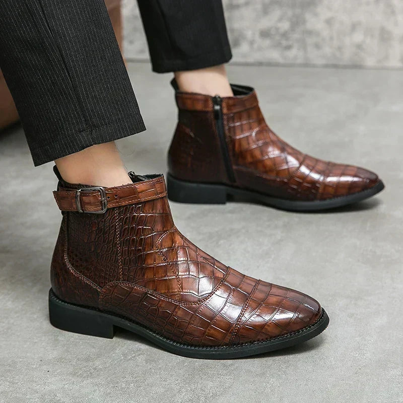 Nathan - Brown Woven Ankle Boots with Buckle