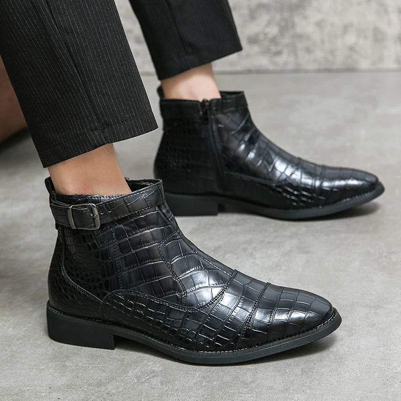 Nathan - Brown Woven Ankle Boots with Buckle