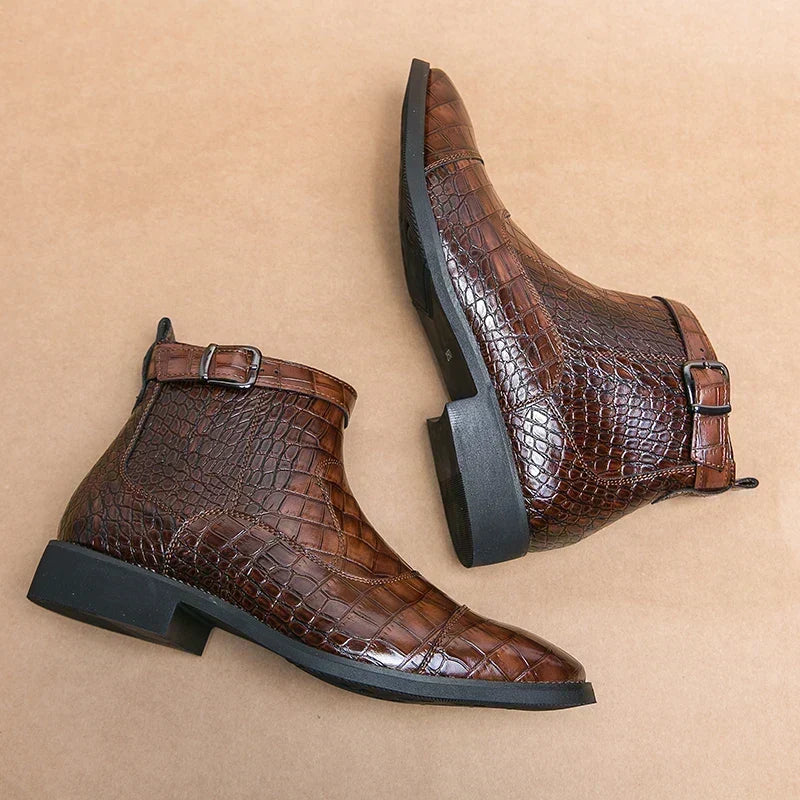 Nathan - Brown Woven Ankle Boots with Buckle