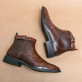 Nathan - Brown Woven Ankle Boots with Buckle
