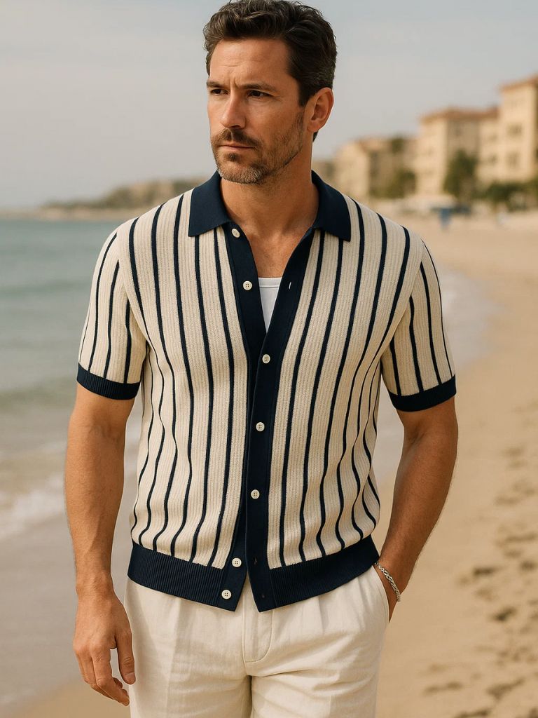 Jason - Wide Stripe Knit Polo with Button Placket