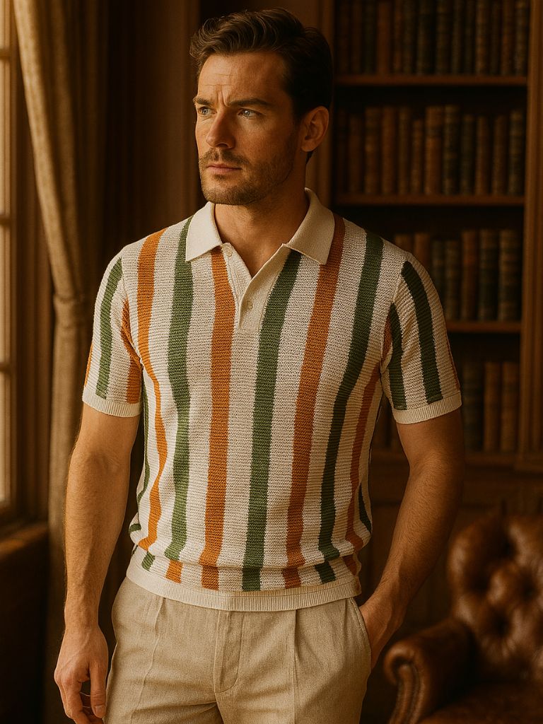 Greg - Striped Knit Polo with Open Collar