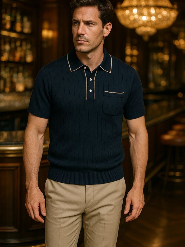 Garrett - Navy Knit Polo with Chest Pocket