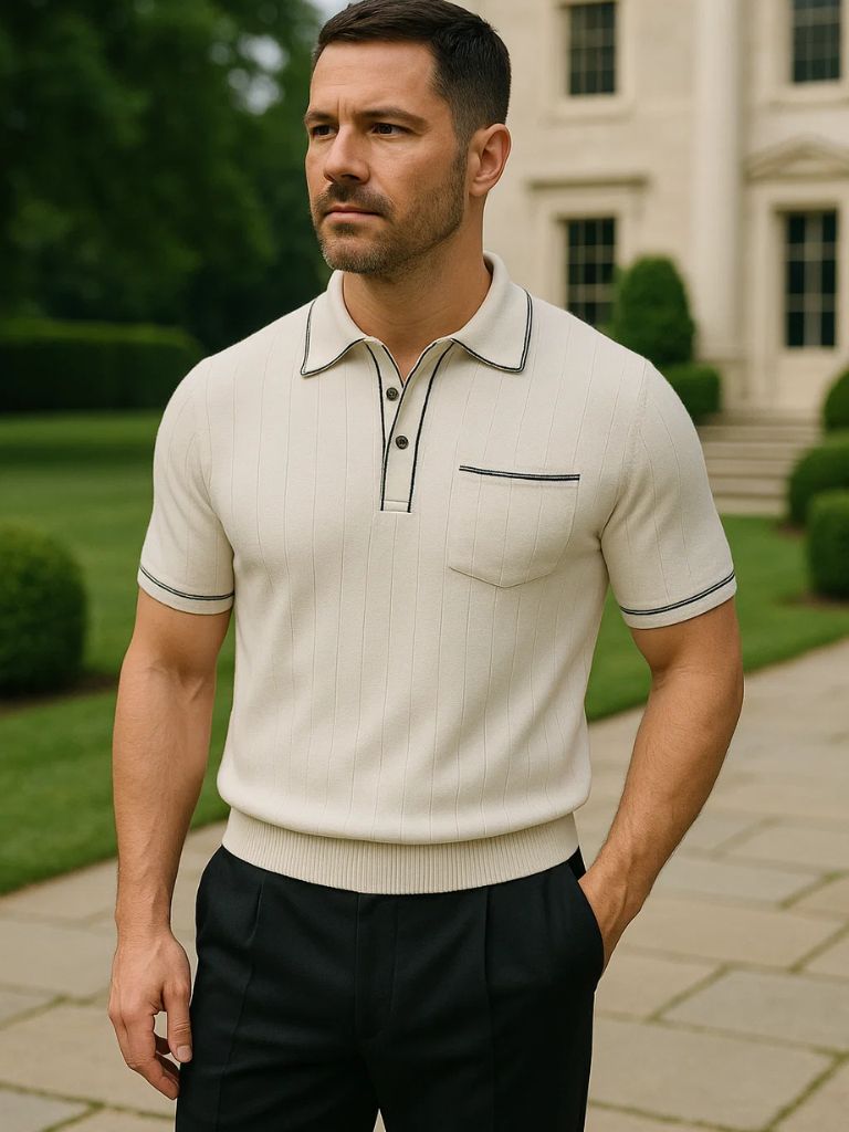 Garrett - Navy Knit Polo with Chest Pocket
