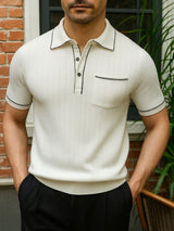 Garrett - Navy Knit Polo with Chest Pocket