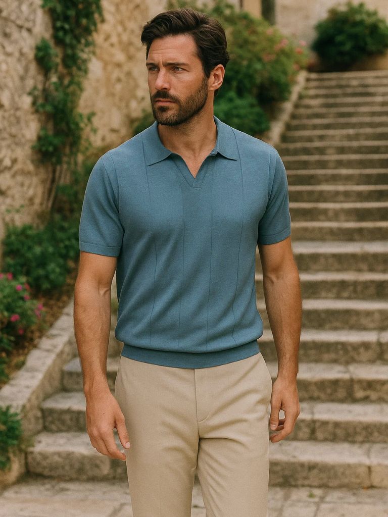Jeremy - Blue Textured Open Collar Polo