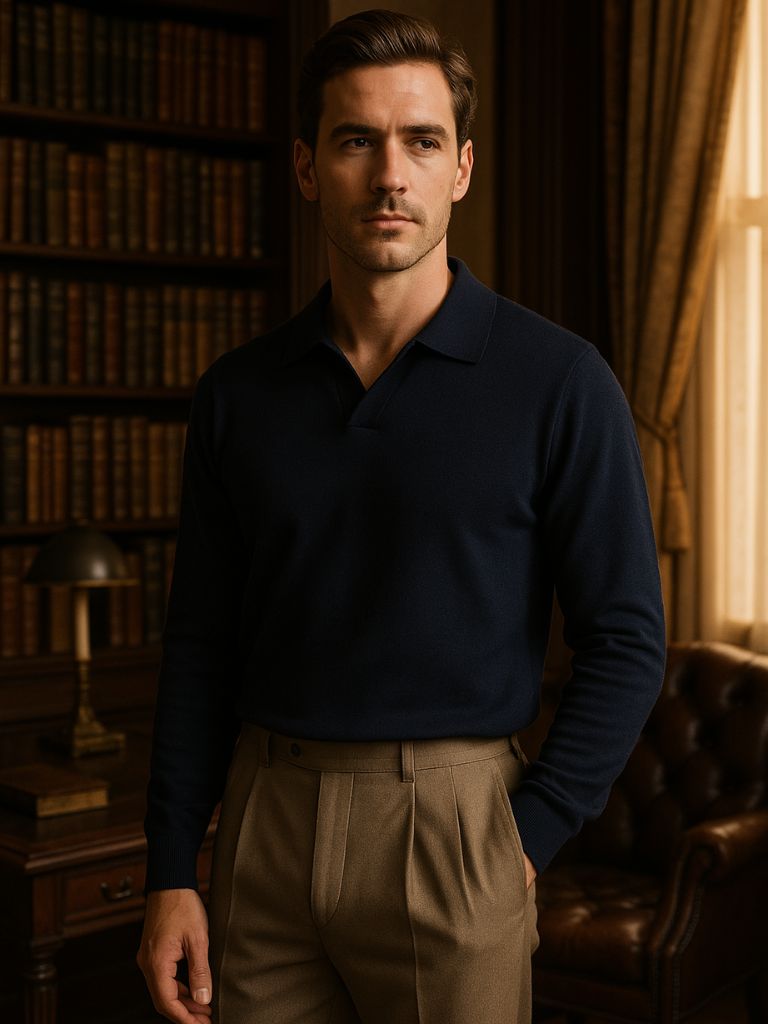 Landon - Brown Long Sleeve Open Collar Polo
