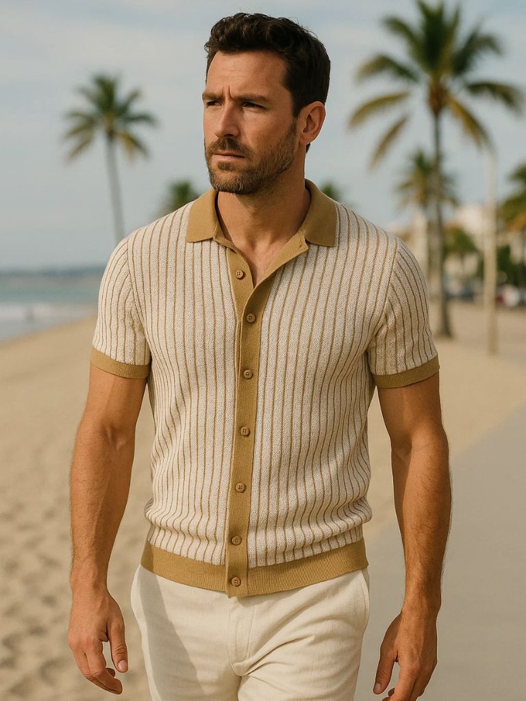 Quinn - Striped Knit Polo with Button Placket