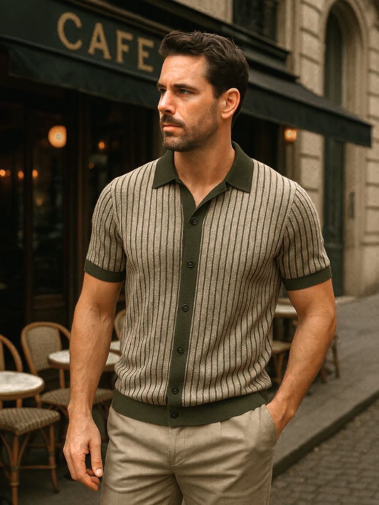 Quinn - Striped Knit Polo with Button Placket