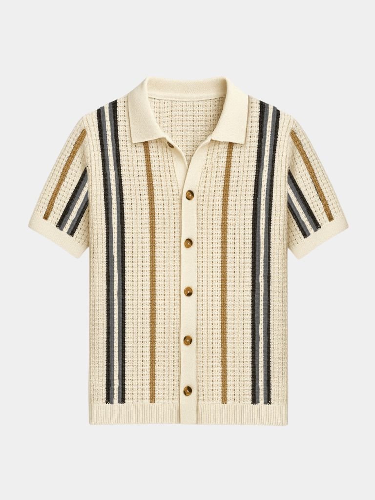 Sean - Cream Striped Knit Polo with Button Placket