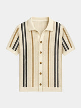 Sean - Cream Striped Knit Polo with Button Placket