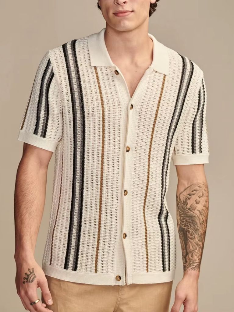 Sean - Cream Striped Knit Polo with Button Placket