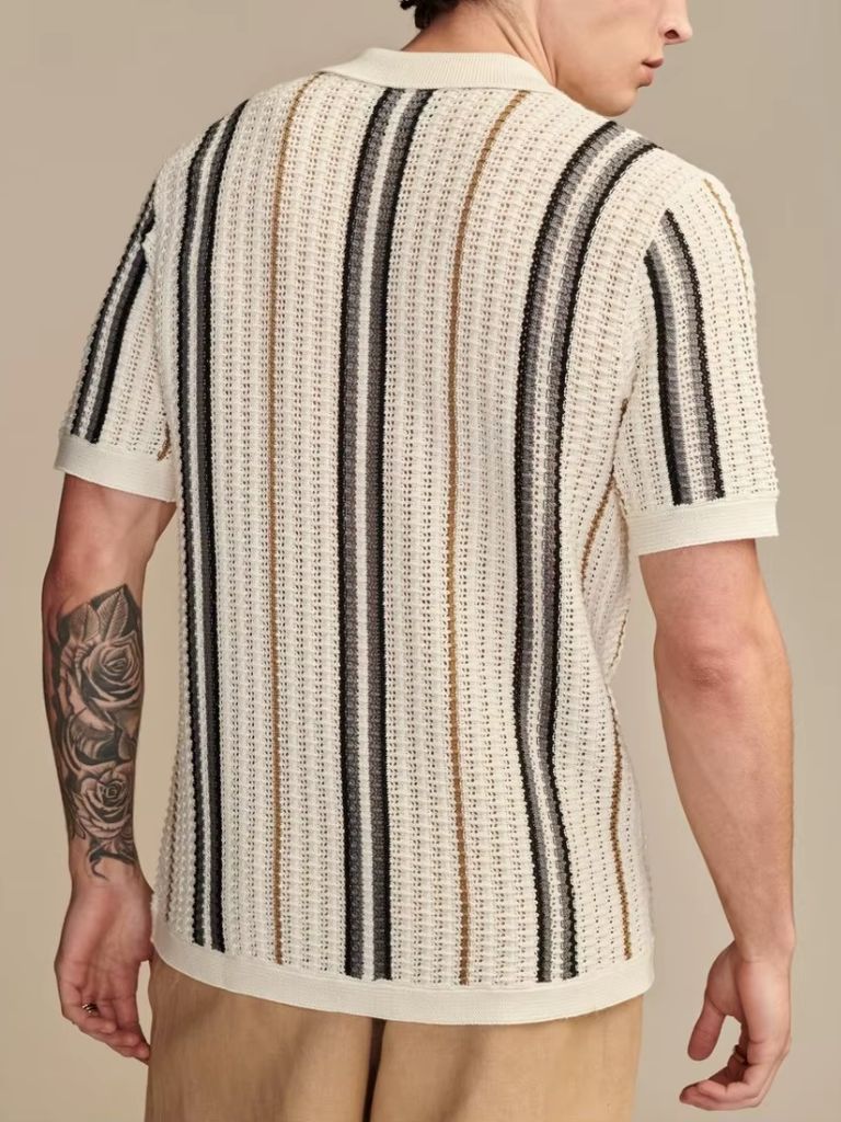 Sean - Cream Striped Knit Polo with Button Placket